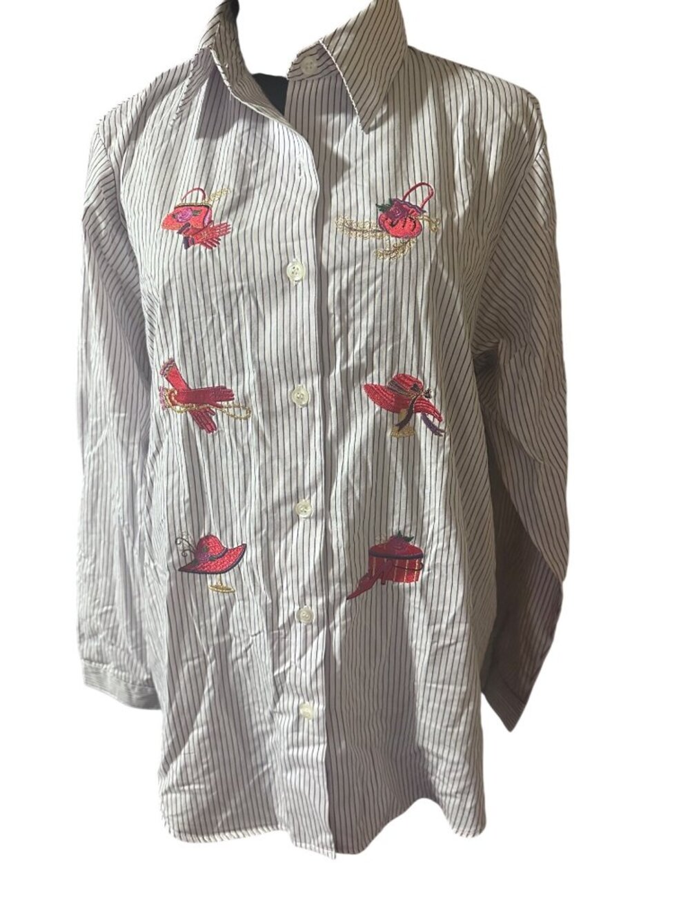 Bon Worth purple striped button up shirt with red hats bags and gloves size M